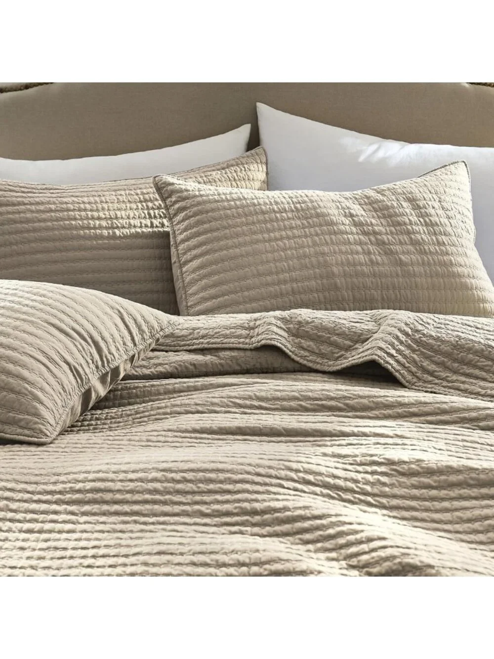 100% Cotton King Size Quilt Set, Channel Pick Stitch Design, Beige Flax Color